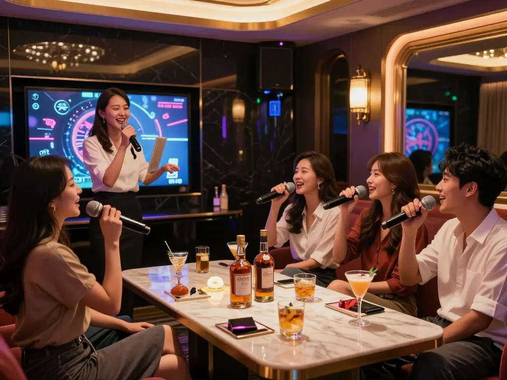 흥미진진한 밤을 친구들과 함께 강남가라오케에서 즐기며, 매력적인 매니저와 활기찬 분위기가 있는 고급스러운 개인 노래방에서.