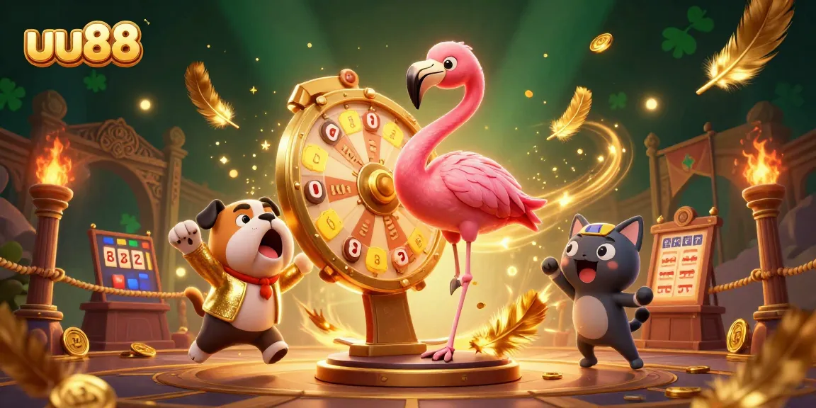 Experience the thrill at uu88 with a cartoon game show host, bulldog contestant, and scoreboard cat in a vibrant casino scene.