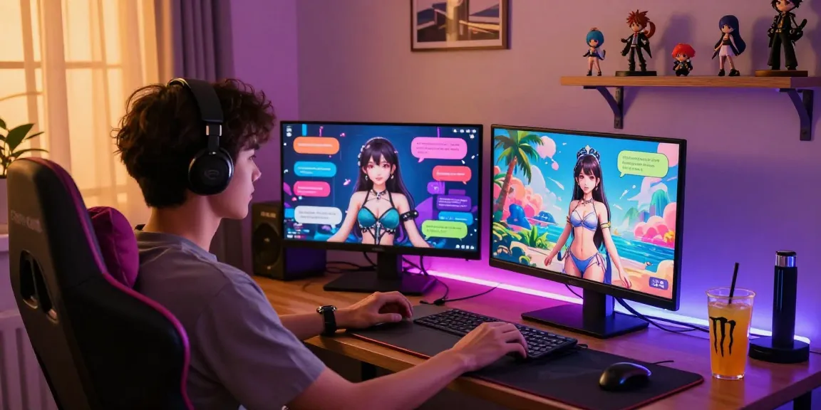 Engaging user interacting with AI hentai chat character in a cozy gaming setup.