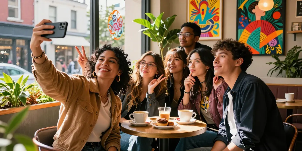Group of friends taking a selfie to discover their celebrity look alike, showcasing fun and friendship