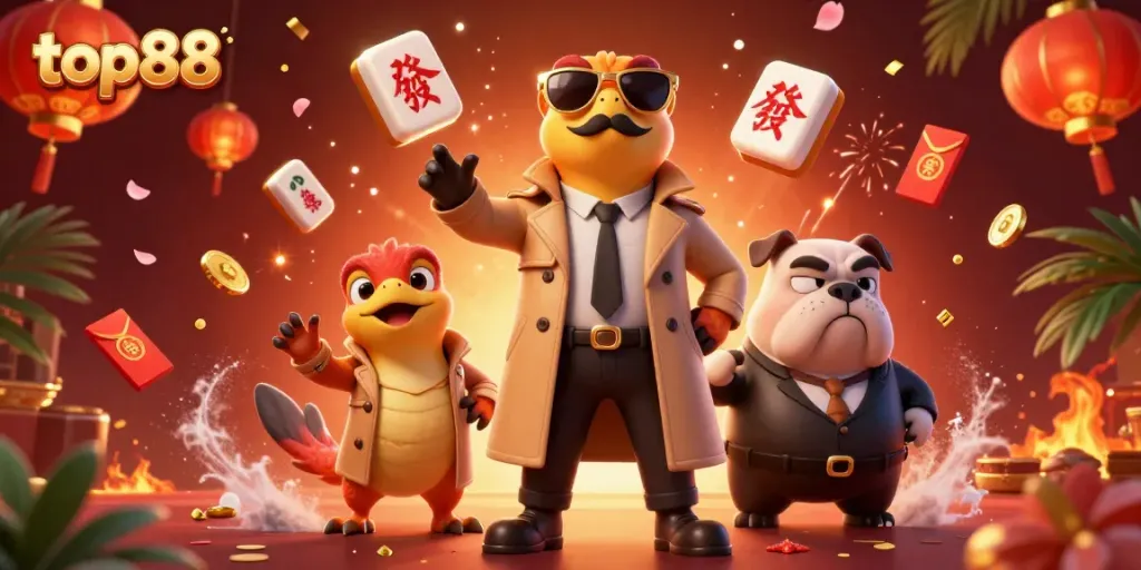 Experience the top88 VIP lounge with animated raptors in a trench coat, embracing a fun gambling atmosphere.
