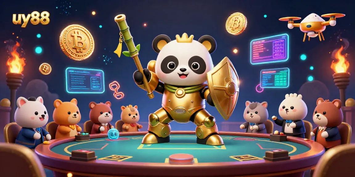 Championing the uy88 scene, a golden panda in a mech suit engages in exciting gambling action amidst vibrant casino elements.