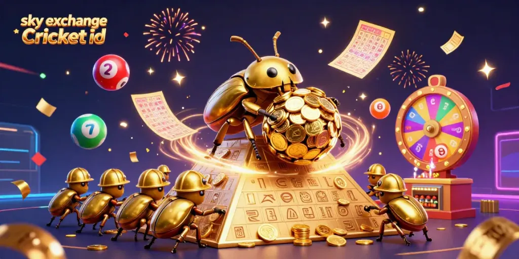 Engage with sky exchange Cricket id as beetles roll golden coins in a vibrant casino scene.