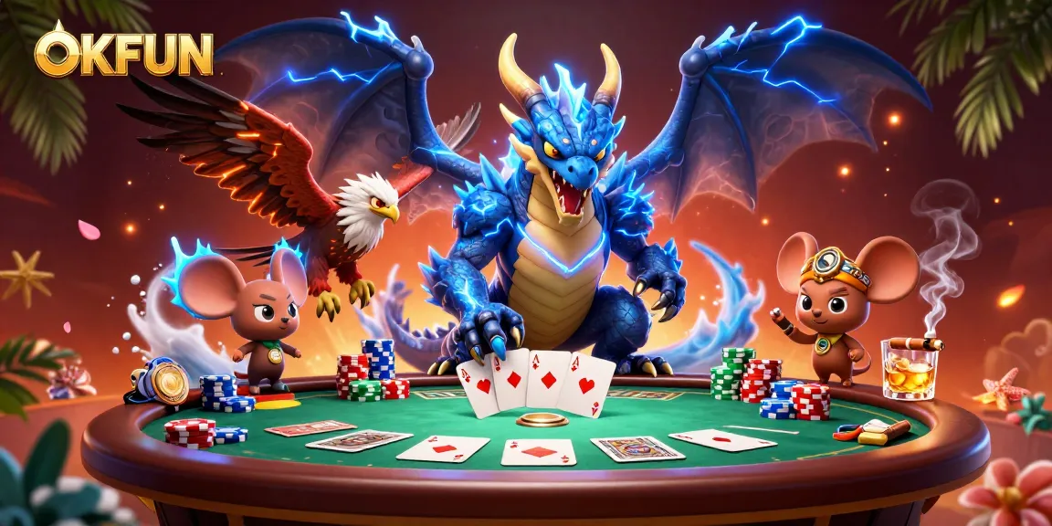 Experience the thrill of OKFUN with a poker showdown featuring dynamic characters and vibrant casino elements.