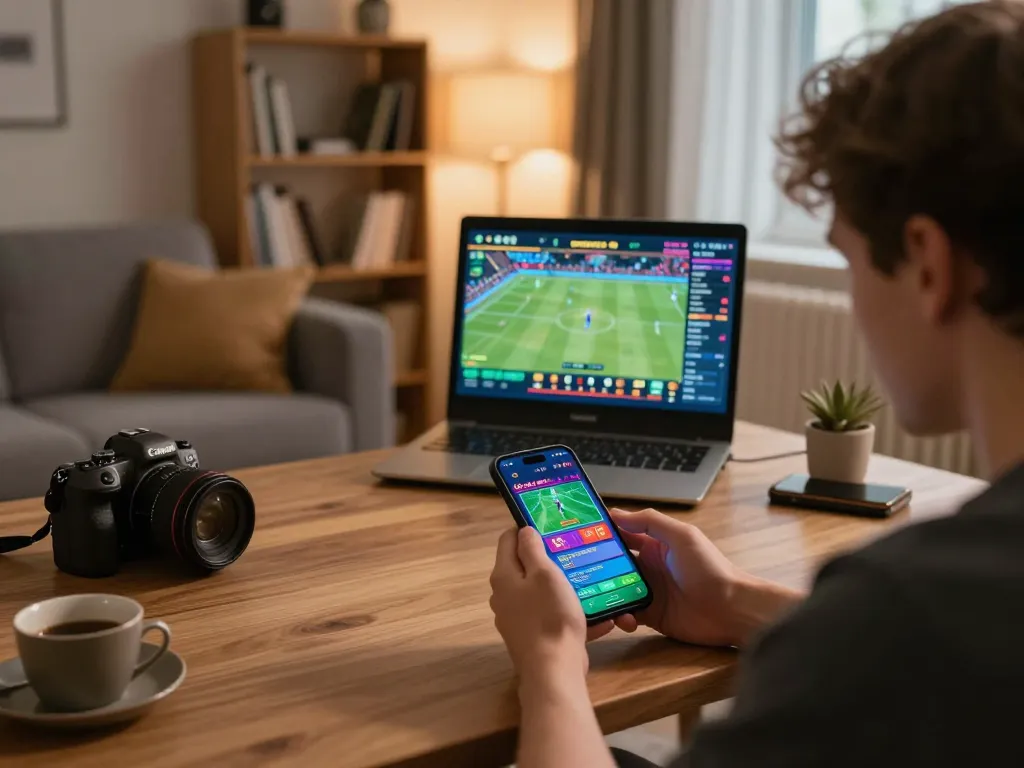 Engaged user placing bets on the keonhacai5 sports betting app in a cozy living room