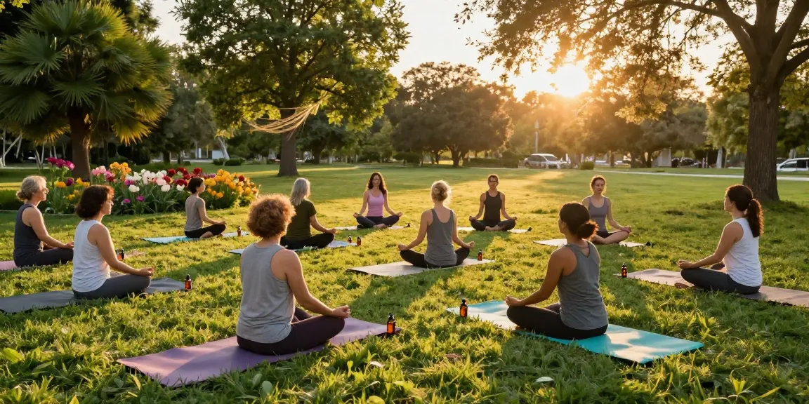 Ministry of Cannabis eco-friendly wellness scene with participants using CBD oil during outdoor yoga meditation.