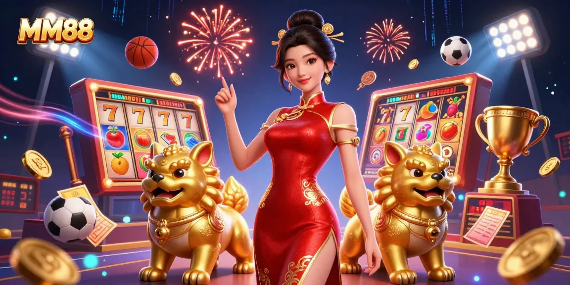 Experience MM88 excitement with vibrant slot reels and a glamorous Asian woman in dynamic casino scene.