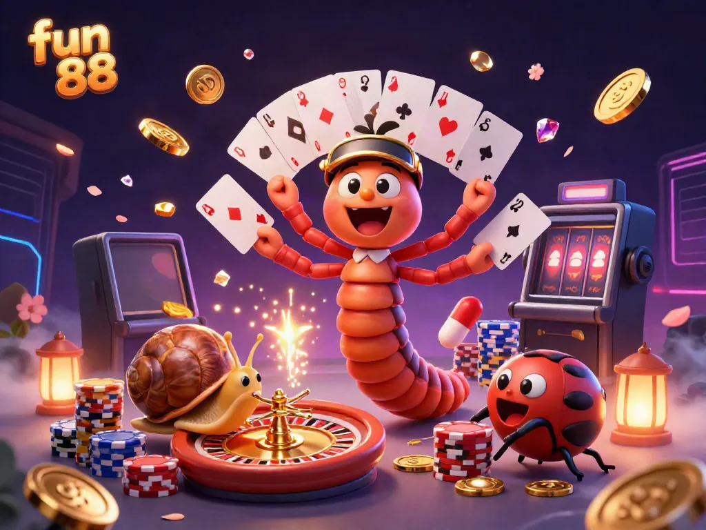 Experience fun 88 with an exciting cartoon scene of a millipede dealer, stacking chips and playing cards.