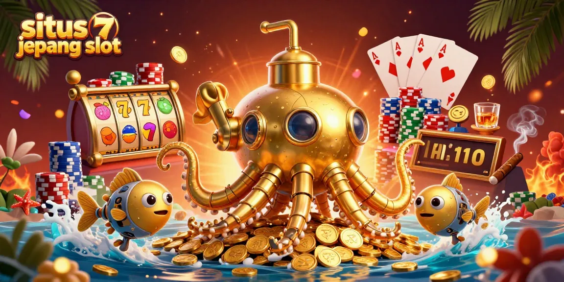 Win big with situs jepang slot's vibrant 3D scene showcasing thrilling slot action with golden kraken and coins.