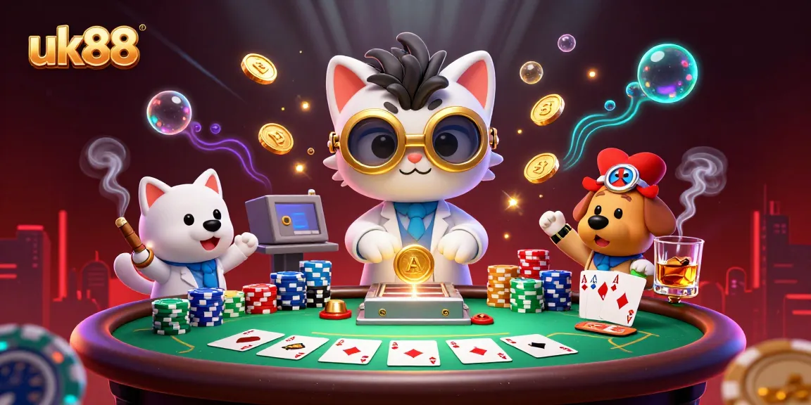 Experience seamless gaming action at uk88 with a vibrant casino illustration featuring a mad scientist cat and a loyal dog.