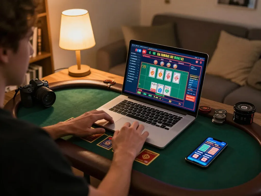 Engaging in tr88 bet live casino gaming at home with a laptop and smartphone.