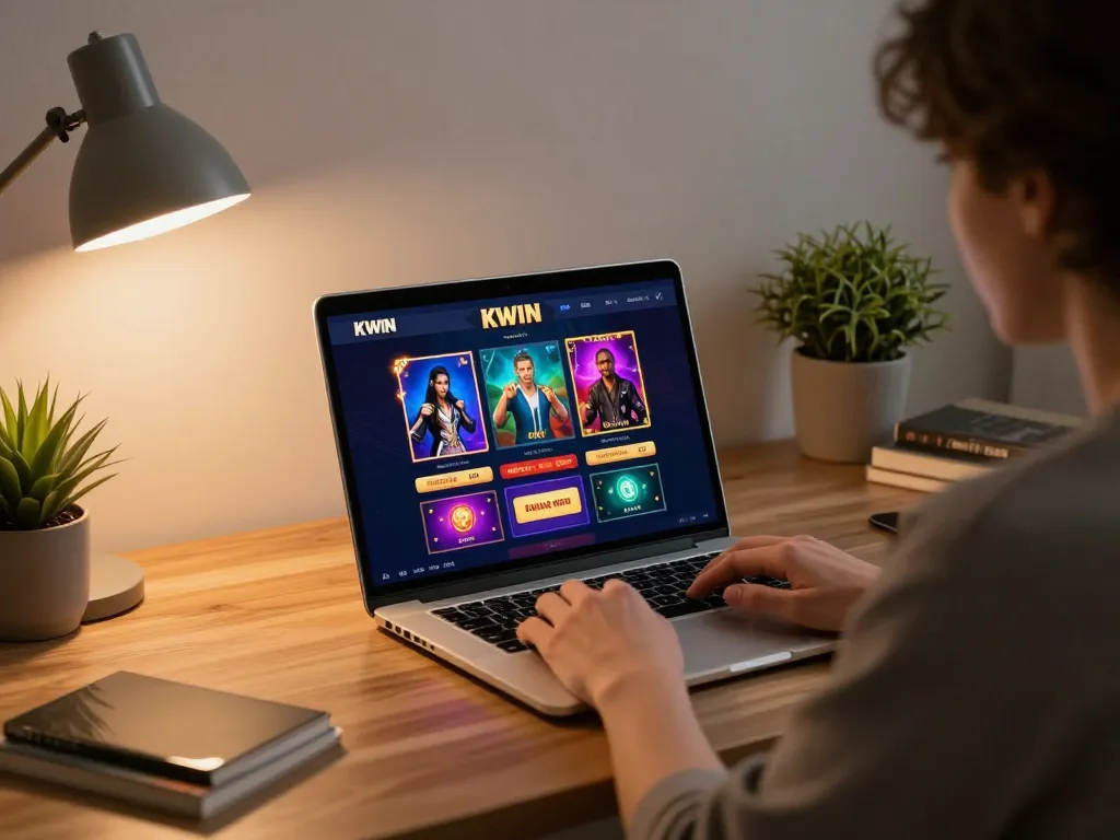 Engaged user enjoying KWIN games on a laptop in a stylish home office, showcasing responsible gaming.