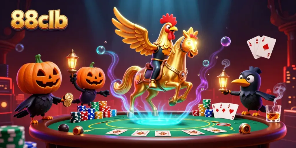 Play thrilling games at 88clb, featuring a dynamic scene with a golden rooster and poker elements.