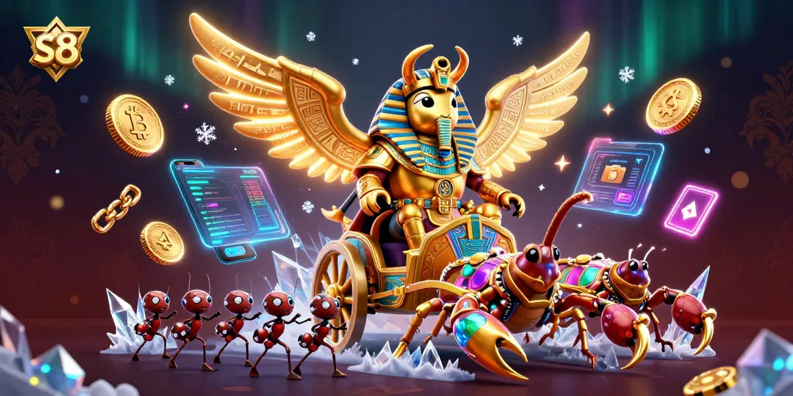 Engage with the vibrant, dynamic world of s8, where a golden scarab beetle leads a gambling adventure amid rich casino visuals and crypto elements.