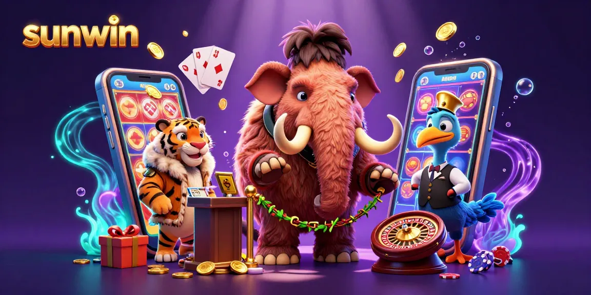 Experience sunwin at its best with a vibrant scene featuring a woolly mammoth bouncer and casino elements.
