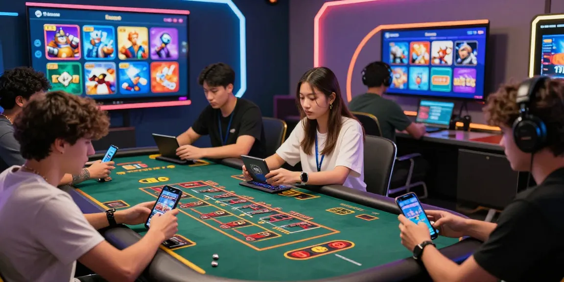 Engaging scene of players enjoying 68gamebai online casino games on various devices in a vibrant atmosphere.