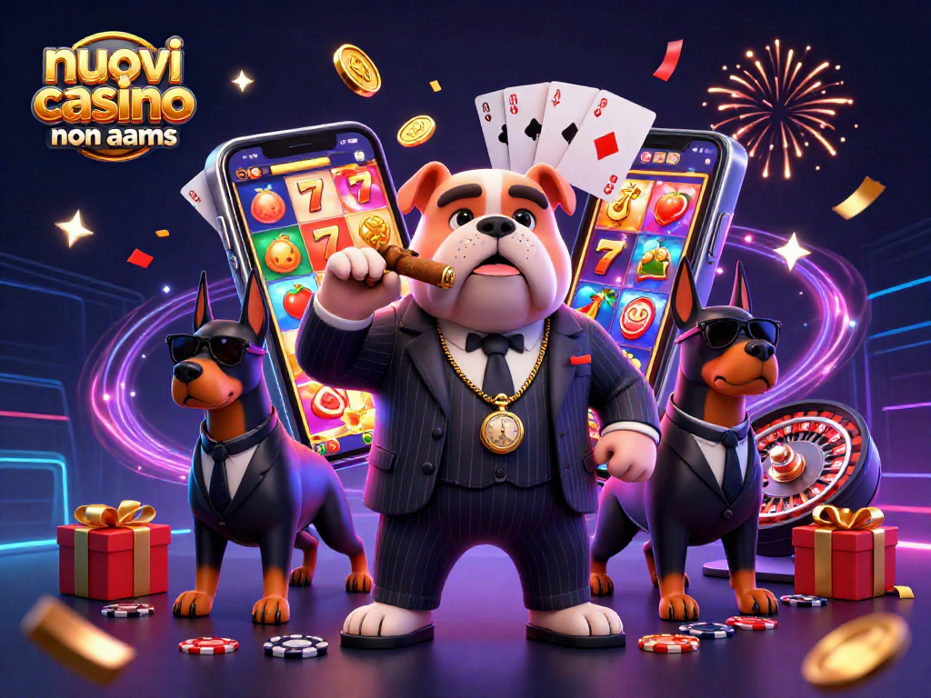 Visualizza i nuovi casino non aams con un bulldog mafioso e effetti dei giochi d'azzardo.