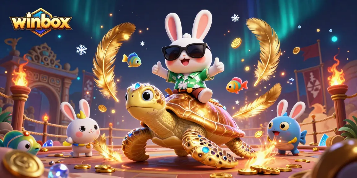 Winbox brings excitement to online gaming with a vibrant 3D scene featuring a lucky rabbit and golden turtle.