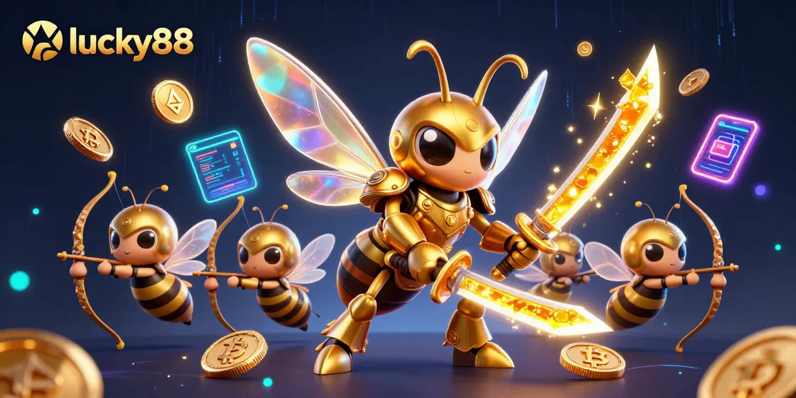Win big with lucky88 as vibrant characters engage in thrilling slot games surrounded by crypto elements.