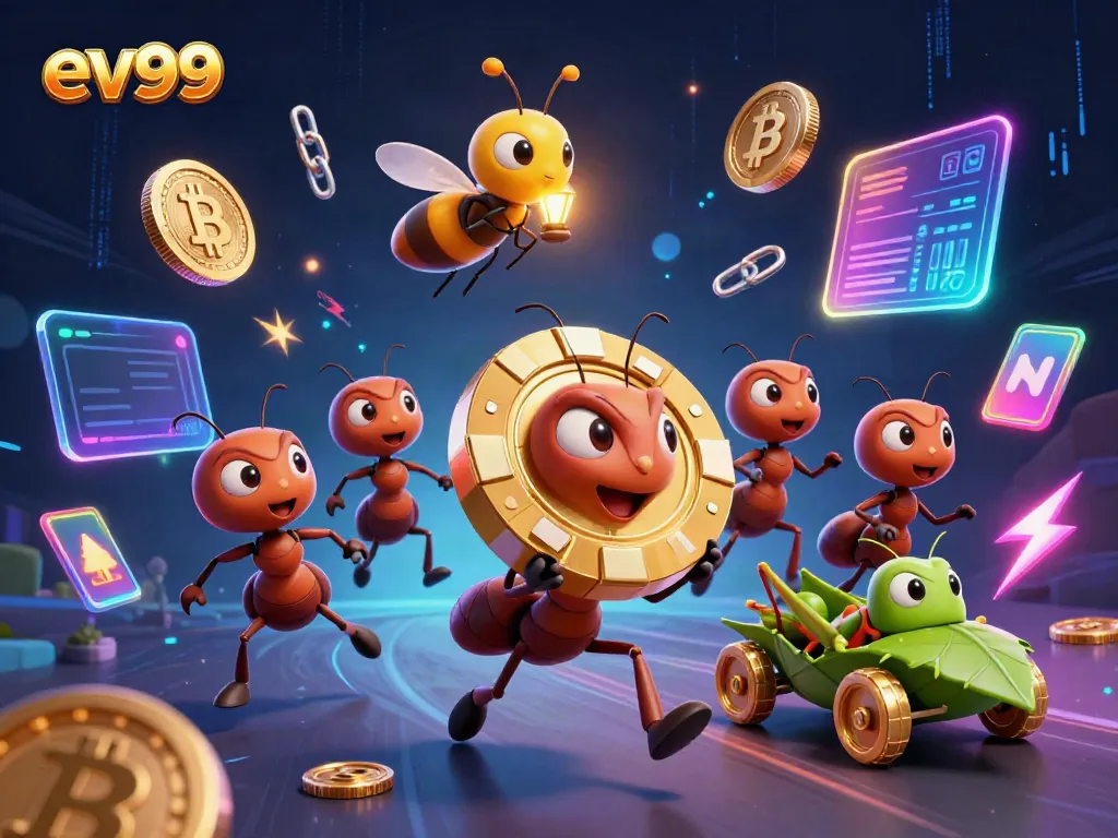 ev99 ants executing a heist with golden poker chips in a dynamic casino tunnel scene.