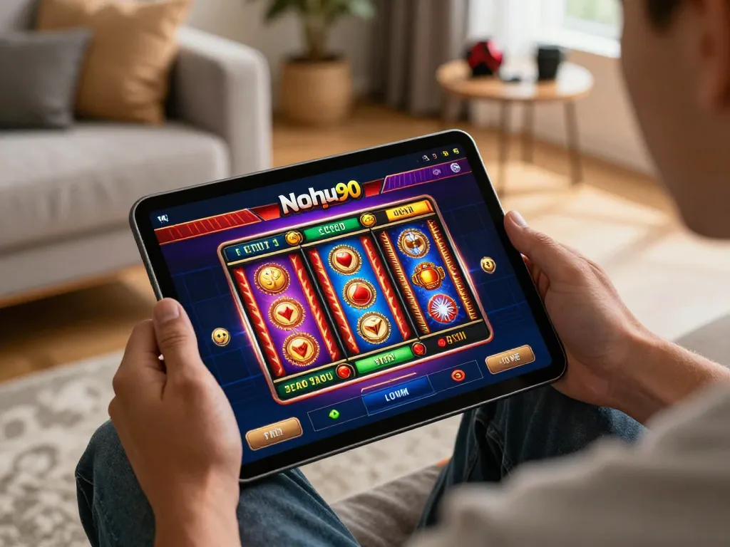 Nohu90 user engaging with the online betting app at home, showcasing excitement in gaming.