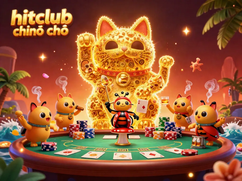 Engage with hitclub chính chủ through vibrant casino elements featuring a giant lucky cat and poker scene.