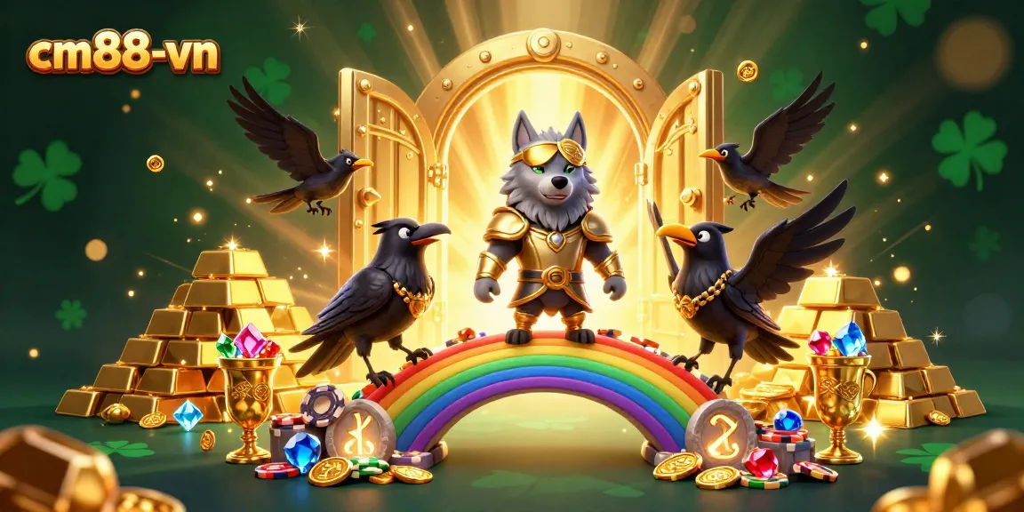 Engage with the thrilling cm88-vn casino experience, showcasing exciting Norse-inspired characters amidst a glittering treasure scene.