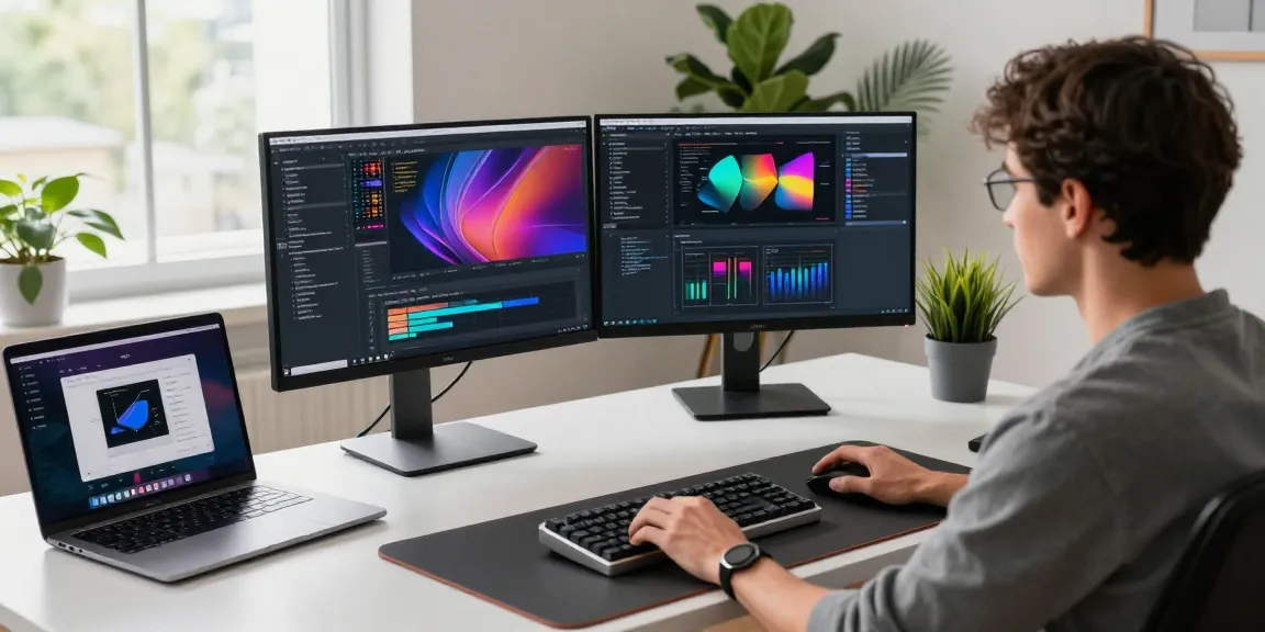 快连 software development workspace with coding on monitors and natural light.
