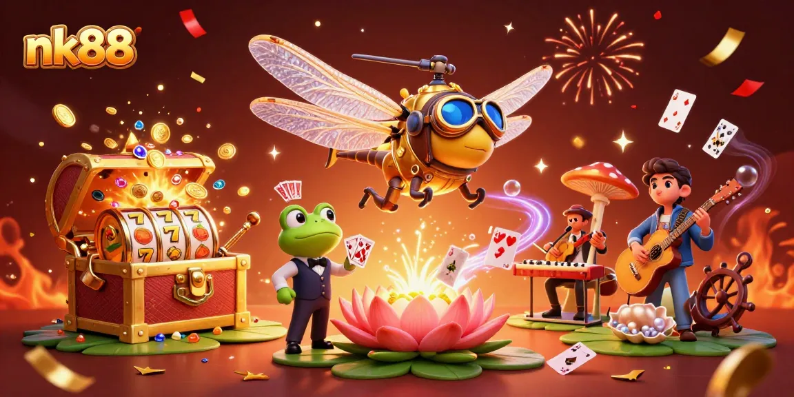 Experience thrilling moments with nk88's vibrant 3D casino scene featuring gaming characters and elements.