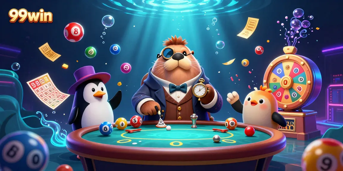 Experience thrilling gameplay at 99win with a lively underwater poker scene featuring colorful lottery elements.