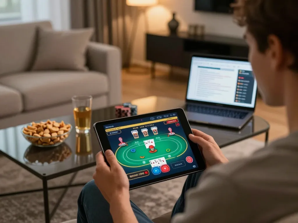 Player engaging in live poker gameplay on 79win app in a cozy home environment with snacks.
