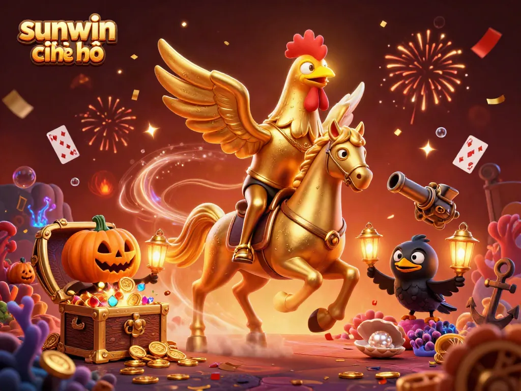 Experience sunwin chính chủ with a golden rooster riding through a vibrant casino scene filled with treasures.