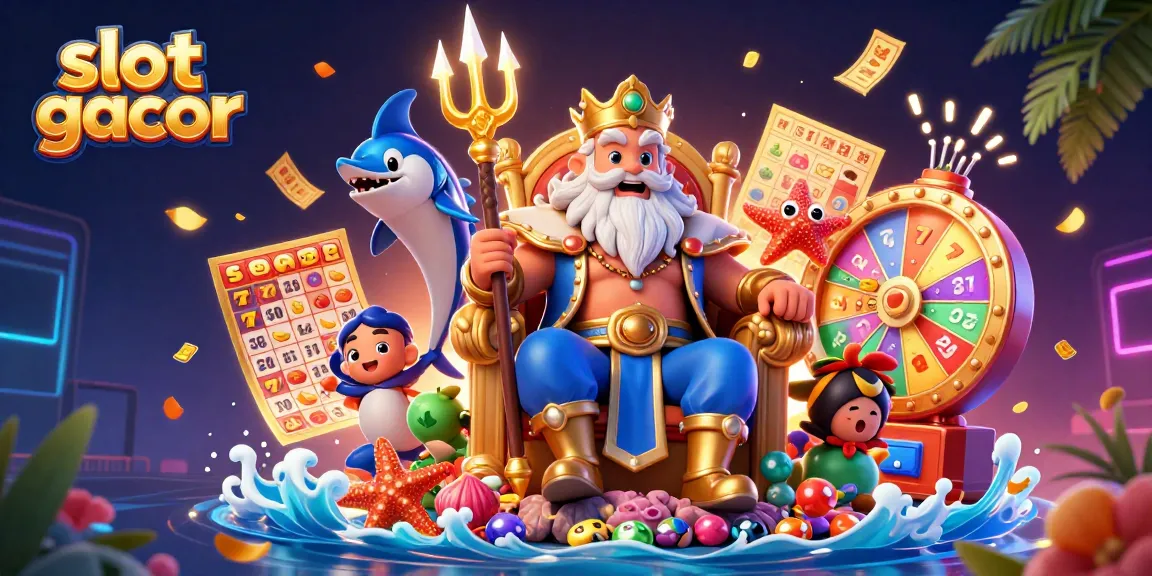 Play slot gacor with vibrant visuals of Neptune in a dynamic gaming scene surrounded by exciting elements.