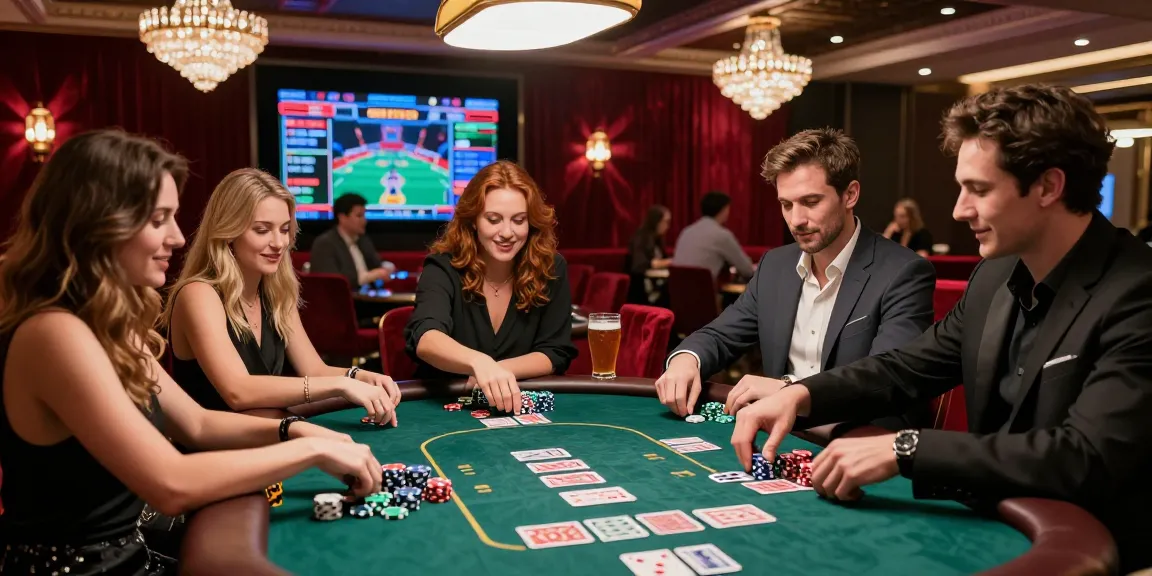 Friends enjoying high-stakes poker at iwin casino, vibrant atmosphere with colorful chips and cards.