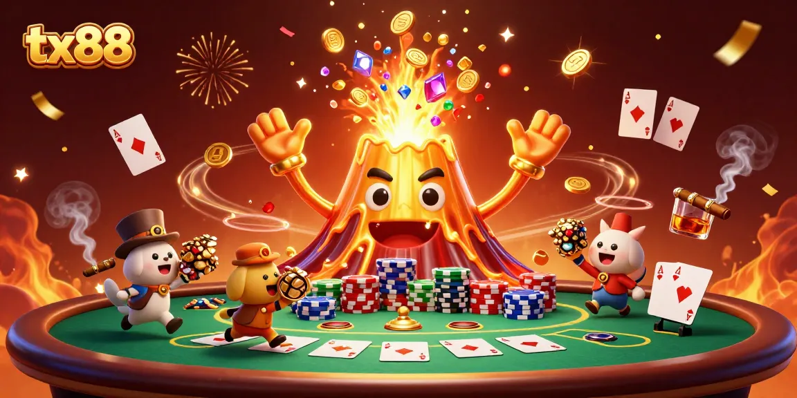 Engage with excitement in tx88's 3D volcano eruption, overflowing with riches and poker dynamics.