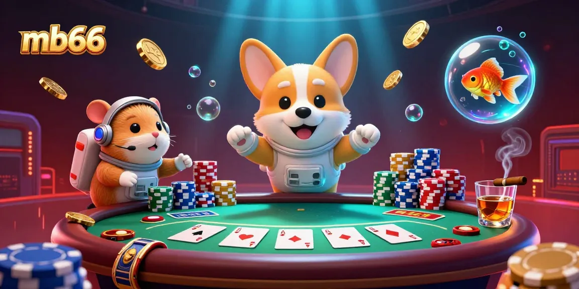 mb66 astronaut corgi discovers vibrant casino elements in a vivid 3D illustration full of action and excitement.