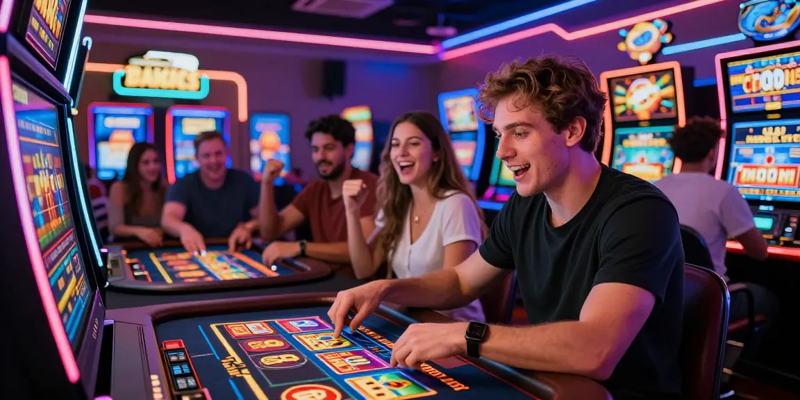 Scene emozionante di diversi giocatori che si divertono nei migliori casinò online, impegnandosi in giochi dal vivo e slot con display digitali vibranti.