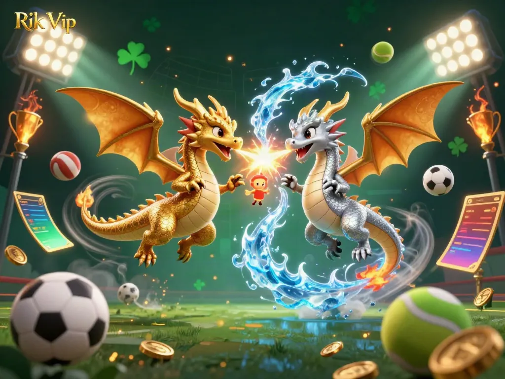 Engage with Rik Vip through an imaginative scene showcasing gambling elements with vibrant dragons.