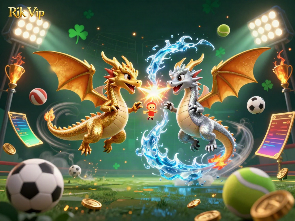 Engage with Rik Vip through an imaginative scene showcasing gambling elements with vibrant dragons.