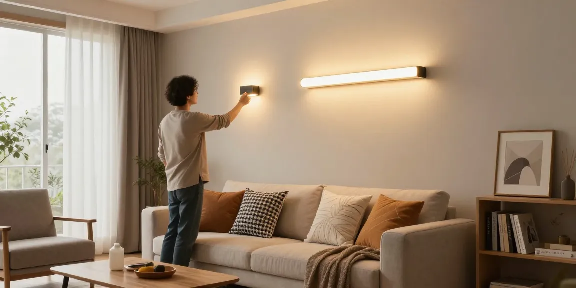 Aplica LED modernă iluminând un living cozy cu un design contemporan.