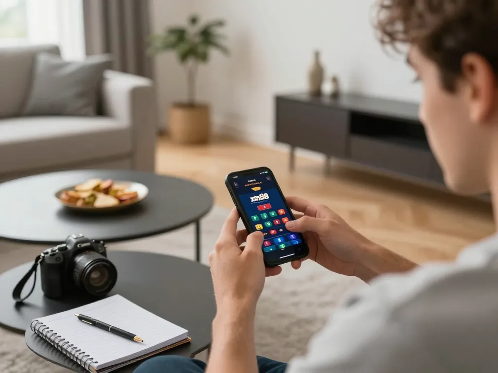 Player enjoying the xin88 online casino experience on a smartphone in a cozy home setting