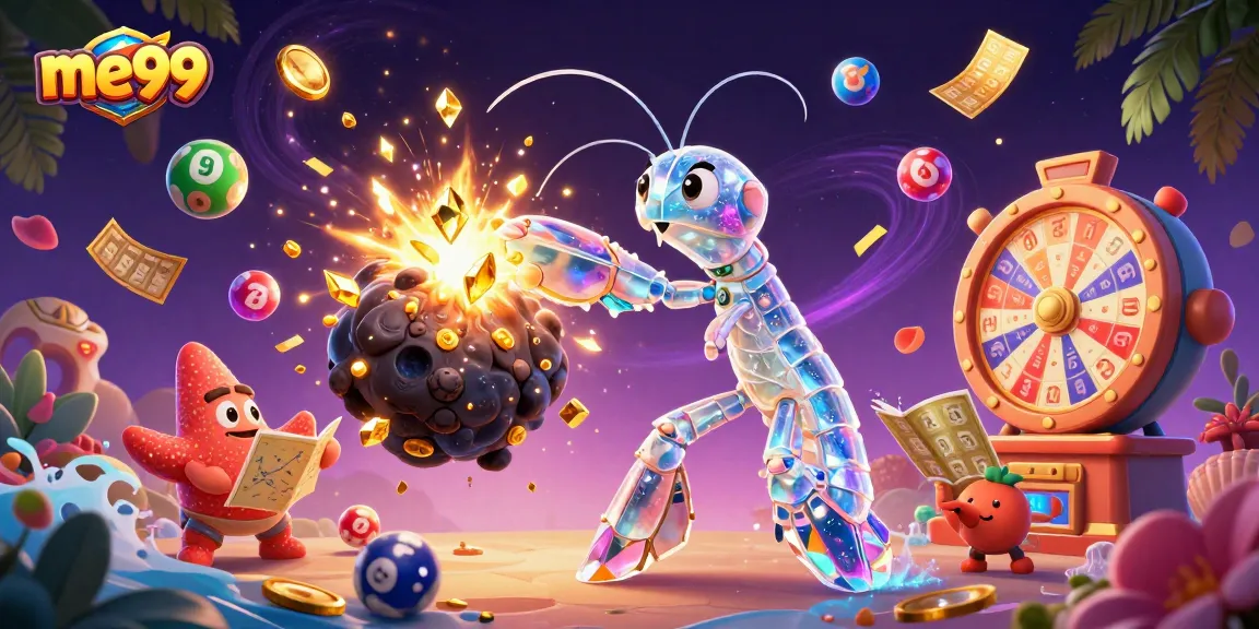 Experience thrilling games at me99, where vibrant lottery balls and golden coins create a dynamic casino atmosphere.