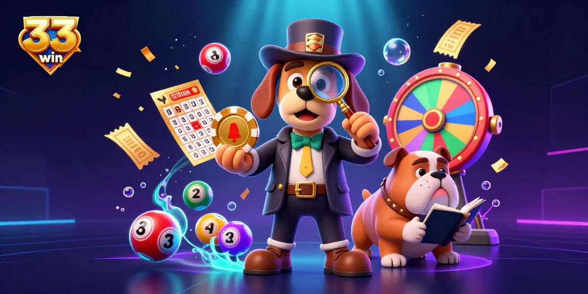 Engage with exciting bingo features at 33win through a dynamic casino scene filled with colorful lottery balls and golden gaming elements.