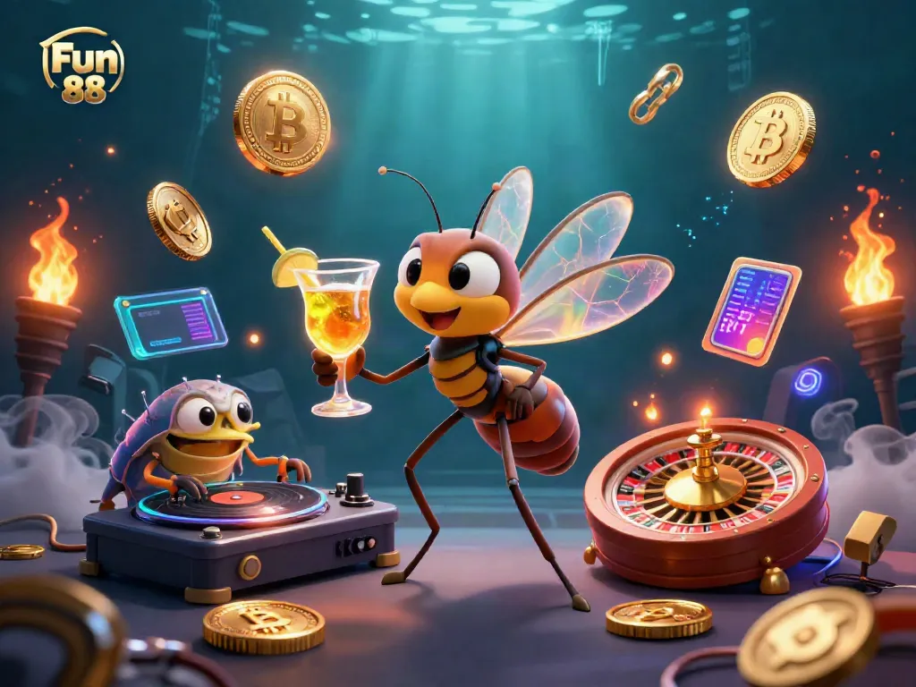 Experience the Fun 88 entertainment with vibrant casino elements and cartoon mascots embodying the thrill of gaming.