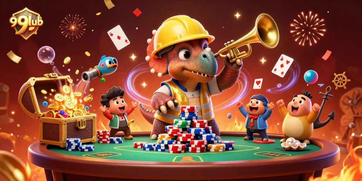 Engage with 91club's vibrant gaming universe featuring triceratops building poker chip pyramids.