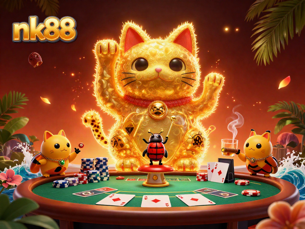Engage with nk88's vibrant online casino experience, illustrated with a lucky cat and poker elements.