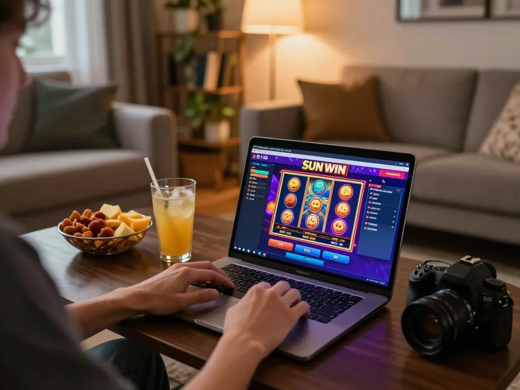 SUN WIN online casino gaming interface observed from a cozy living room, creating an engaging gaming atmosphere.