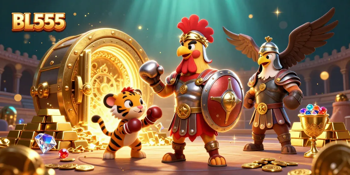 Experience the excitement at BL555 with a vibrant 3D scene featuring gladiator elements and treasure.