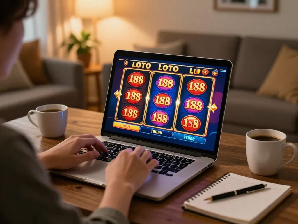 Player spinning the reels on LOTO 188 online slots in a cozy home setting, showcasing responsible gaming.