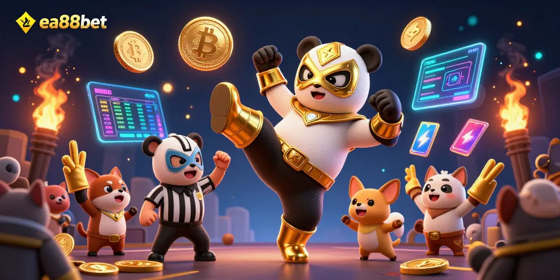 Experience thrilling action with ea88bet as a panda wrestler performs amidst vibrant casino elements.